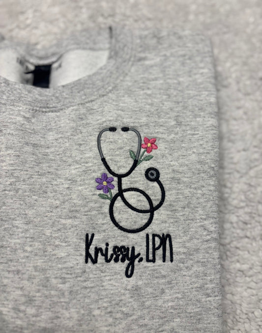Floral Stethoscope W/Name Crewneck