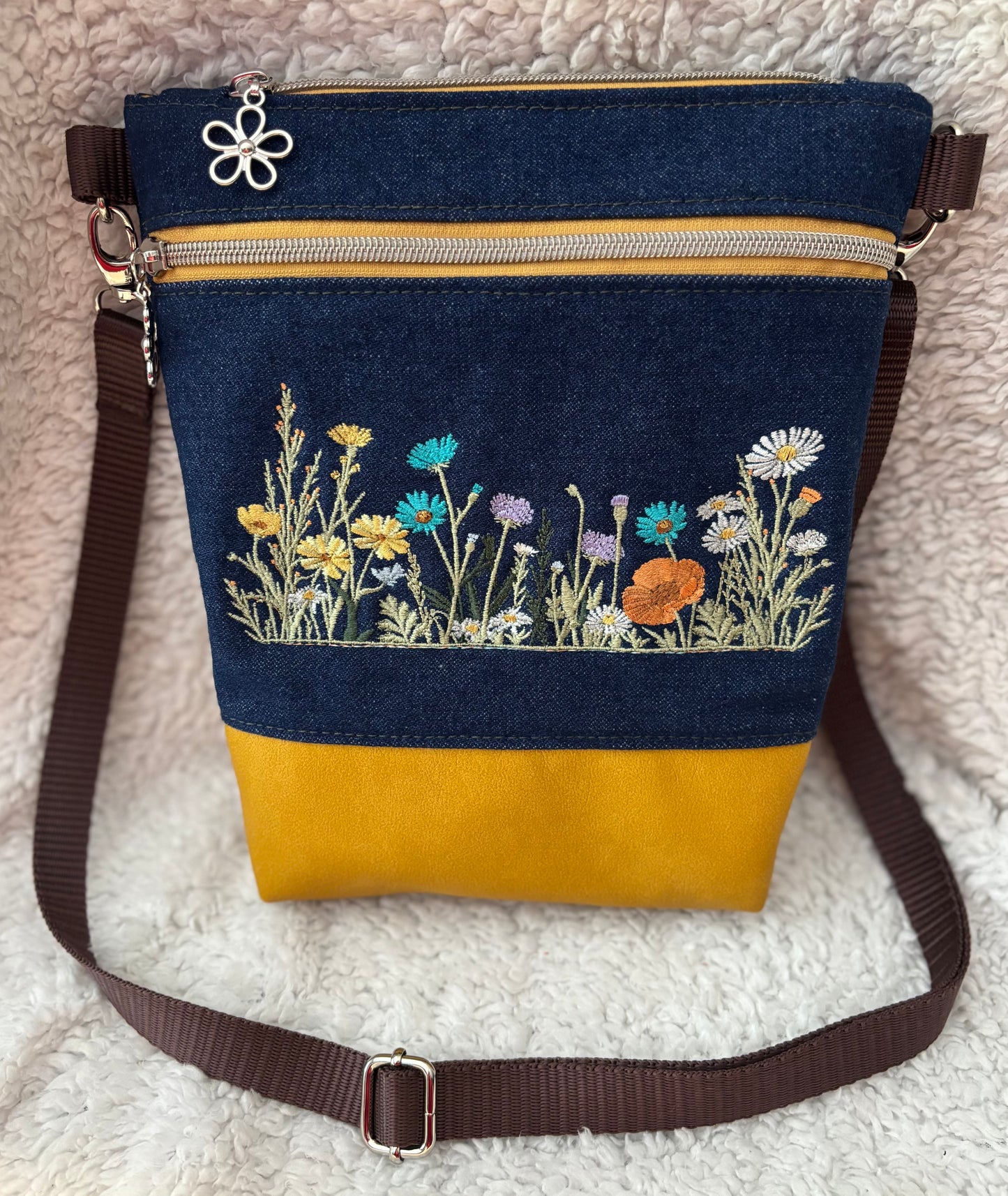 Embroidered Denim Floral Purse