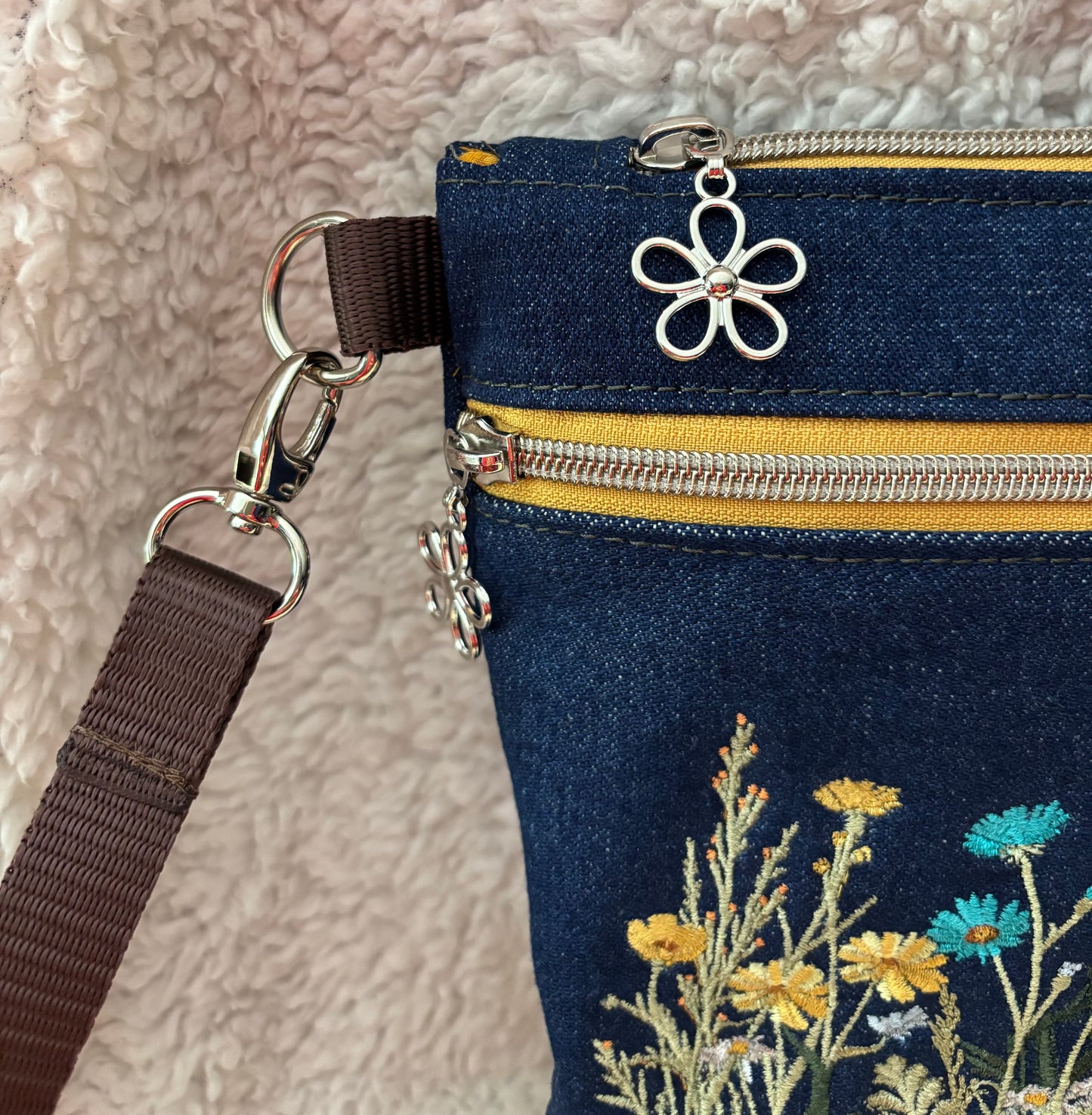 Embroidered Denim Floral Purse