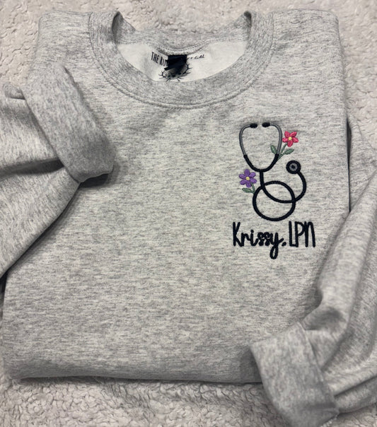 Floral Stethoscope W/Name Crewneck