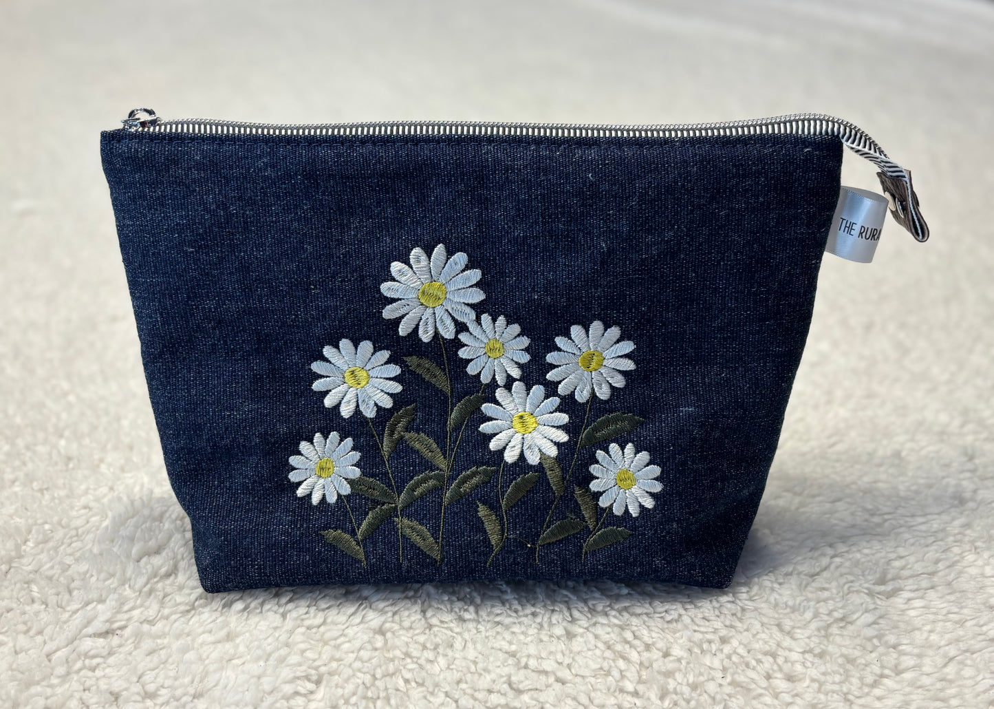 Denim Floral Embroidered Cosmetic Bag