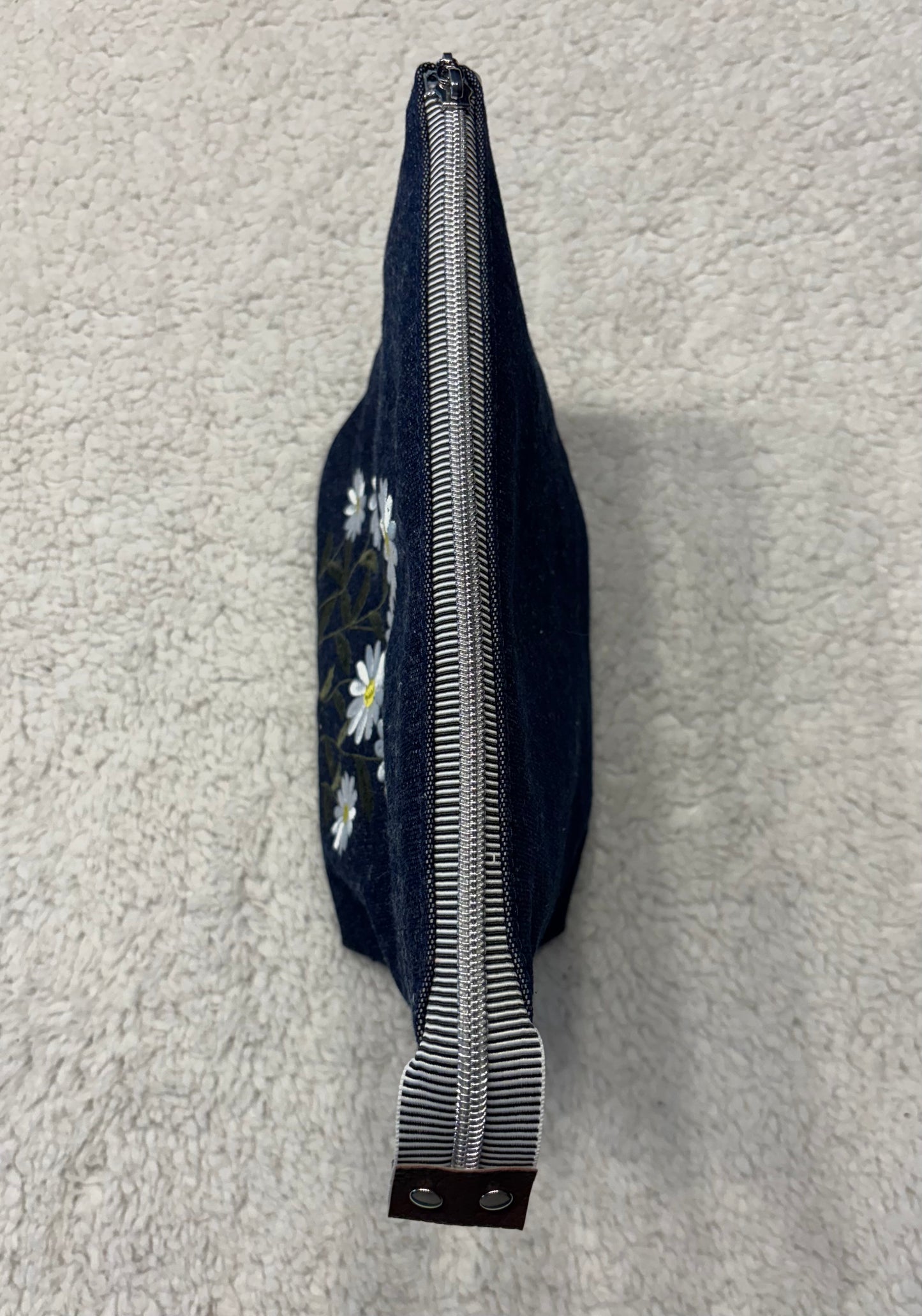 Denim Floral Embroidered Cosmetic Bag