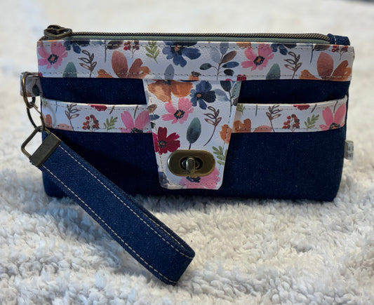 Denim Floral Wristlet