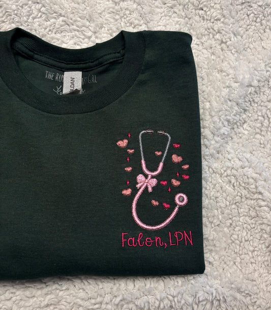 Bow Heart Stethoscope W/Name T-Shirt