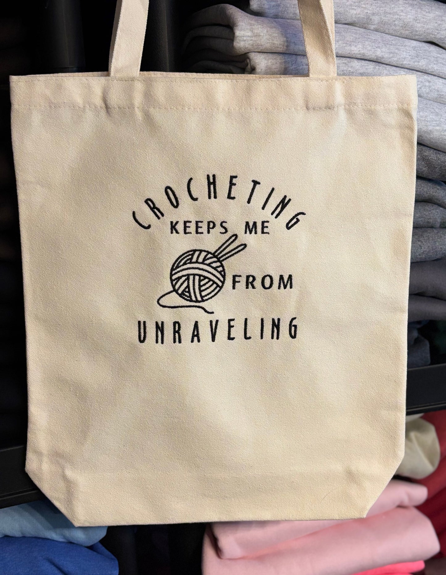 Crocheting Keeps Me From Unravelling Canvas Bag