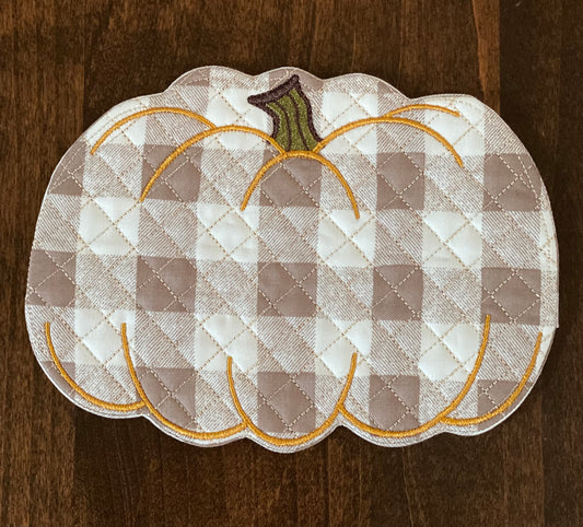 Beige & White Plaid Pumpkin Mug Rug